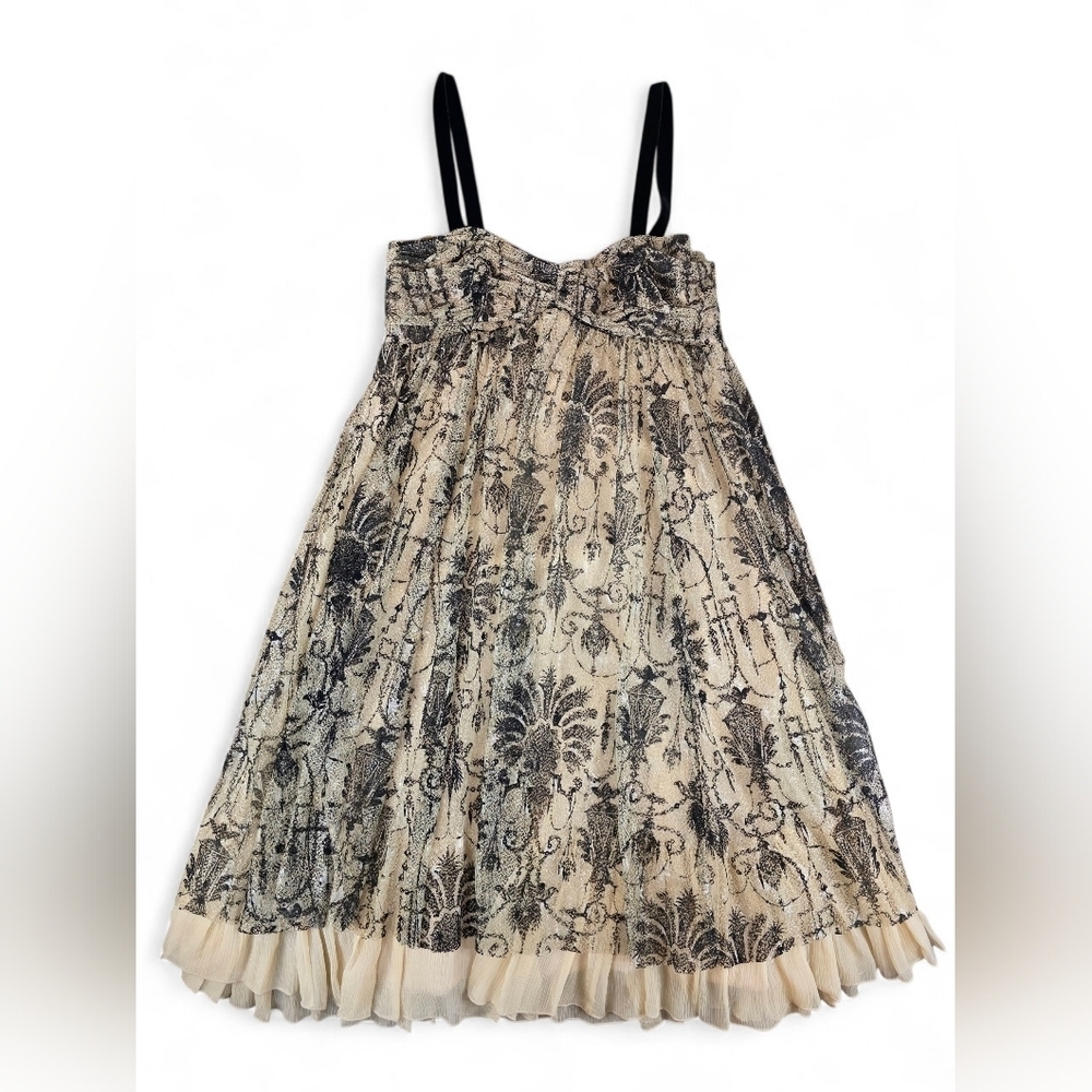 DVF Metallic Lace Print Babydoll Cocktail Dress Silk Lined Beige Black Size 6